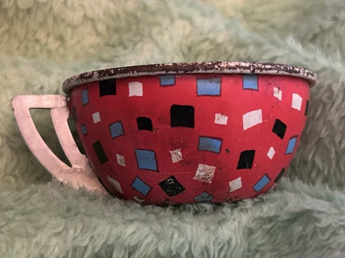 Vtg The Ohio Art Co Mini Tin Metal Childs Tea Cup Red With Designs Approx 3”