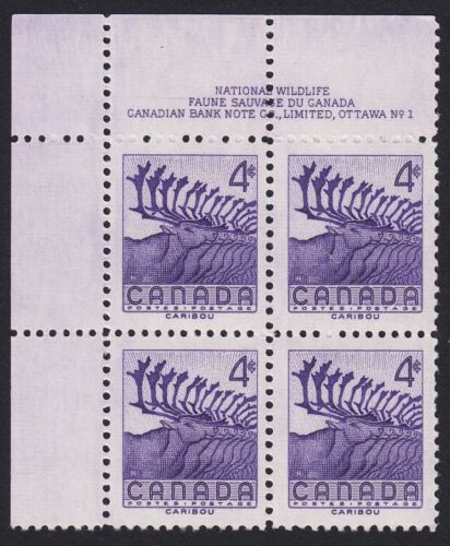 CARIBOU * Canada 1956 # 360 MNH UL BLOCK of 4, PLATE #1 - Picture 1 of 1
