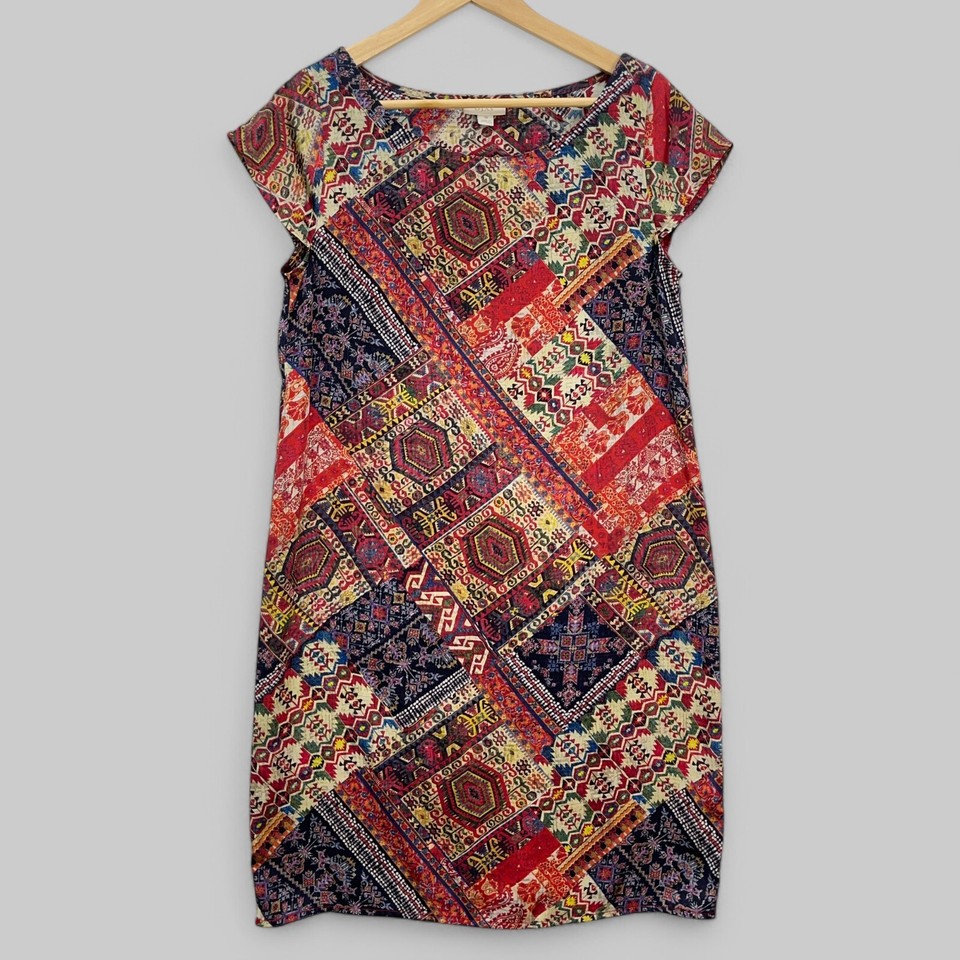 Ojay Midi Shift Dress Size 10 Kilim Patchwork Print Cap Sleeve Made Australia