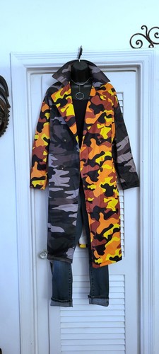 Multicolore Camouflage Pattern Style Pockets Belt Double-breasted Trench Coat L - Picture 3 of 5