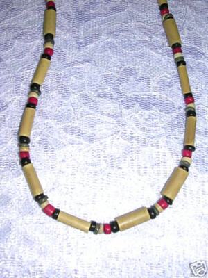 NEW TAN BAMBOO LOOK TUBE BEADS w RED & GREEN WOODEN COCO BEADS NECKLACE