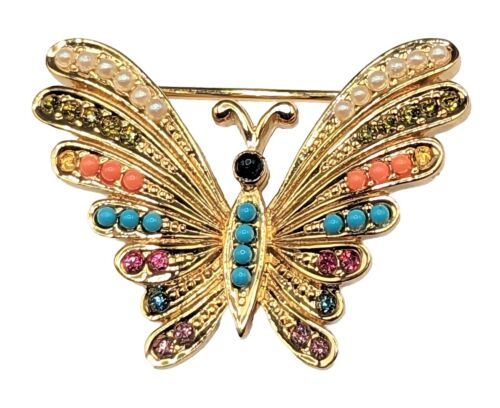 D'orlan begrabener Schatz goldfarbener Schmetterling Käfer Strass Vintage Brosche Pin *lesen