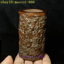 Chinese boxwood hand carved Eighteen Arhats Buddha Statue brush pot Gift H 10 CM
