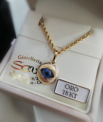 Halskette Seil Medaille mit griechischem türkischem Auge Allahs in 750 18 kt Gelbgold 