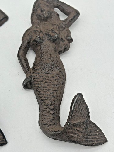 Mermaid Cast Iron Wall Hooks Coat Hat Towel Beach Pair - Picture 3 of 4