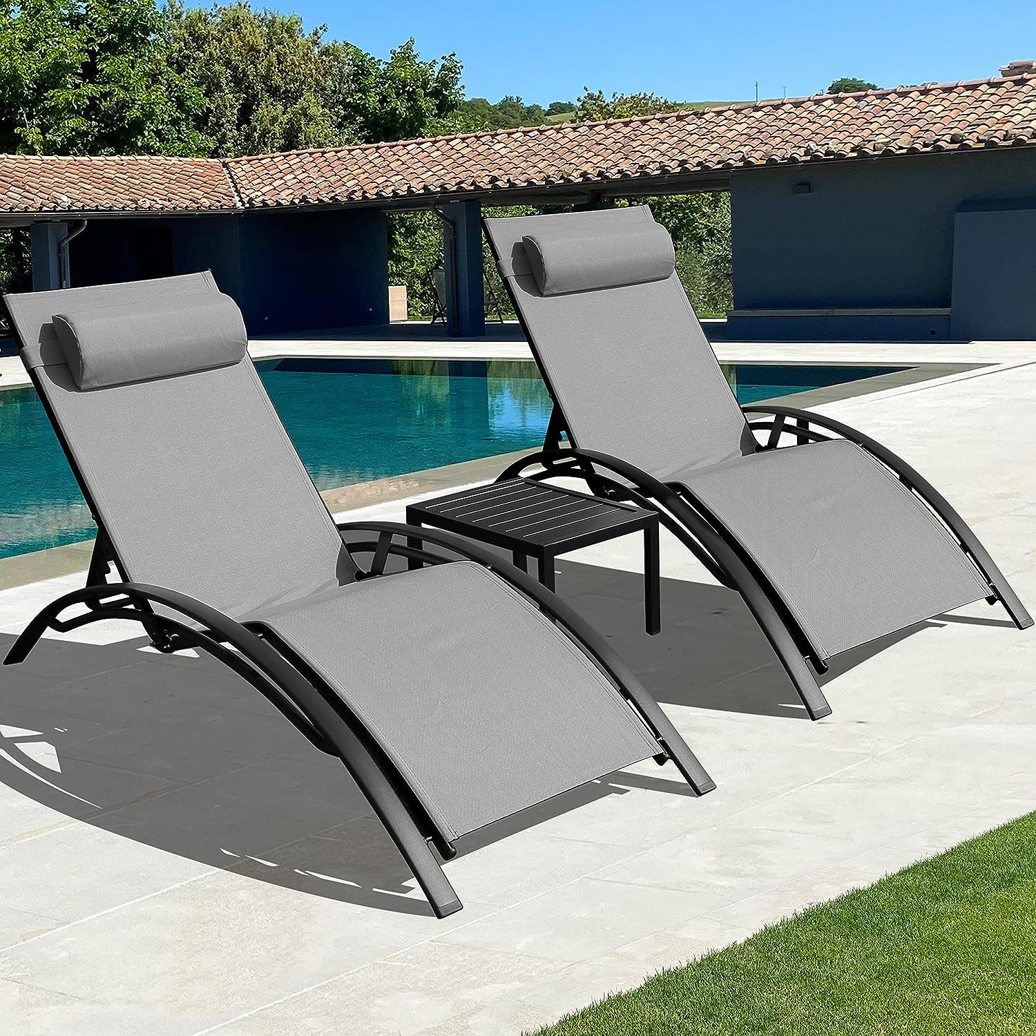 Lounge Chair and Side Table Set of 3, Patio Chair for outside in Swimming Pool, 