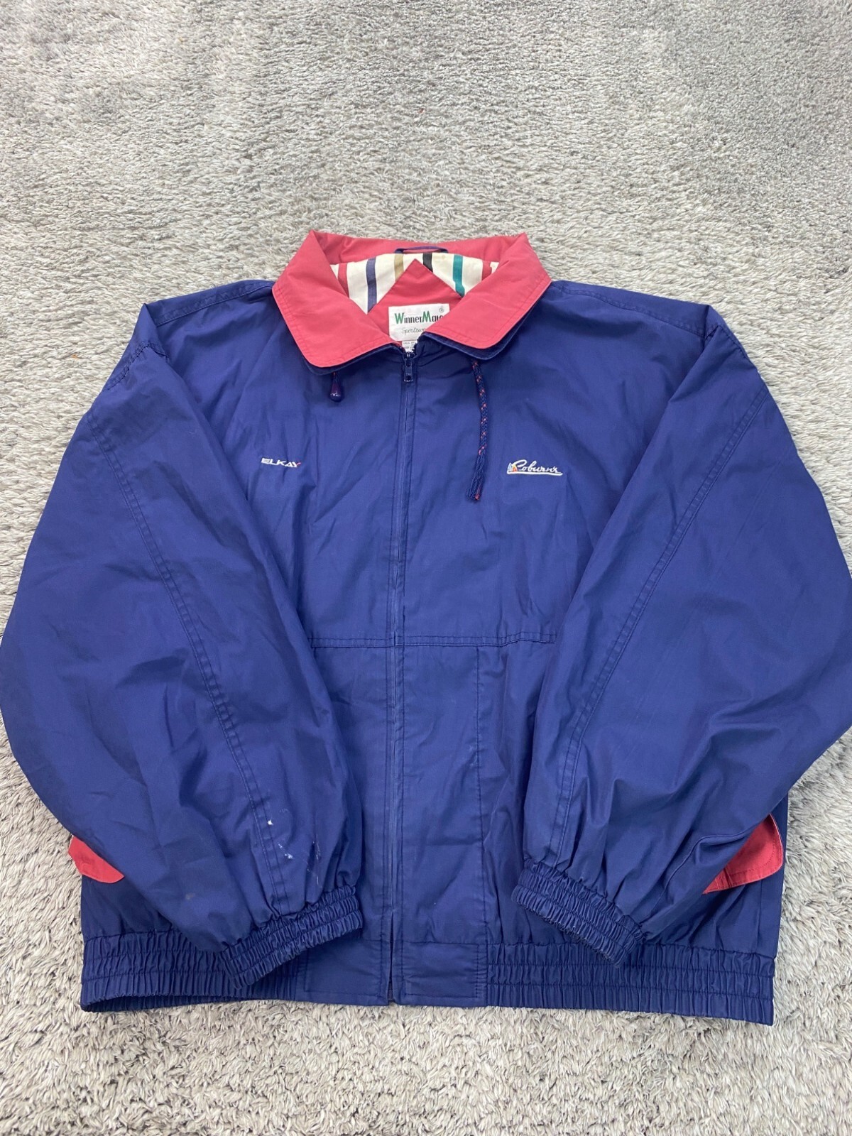 Vtg Winner Mate Jacket Mens 2XL Blue Hidden Hood Windbreaker Bomber Coat 90s Y2K