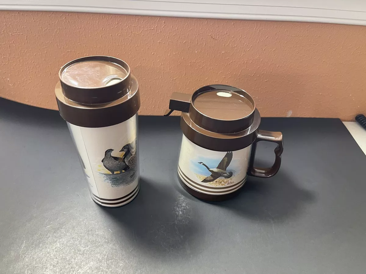 2 Vintage Thermo Serv LES KOUBA Goose Grouse Insulated Coffee Mug Cup w Lids
