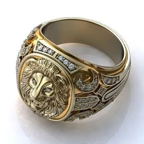 Anillo de león redondo de 1,80 quilates con diamantes blancos creados en laboratorio enchapado en oro amarillo de 14 quilates para hombre Foto 4 de 4