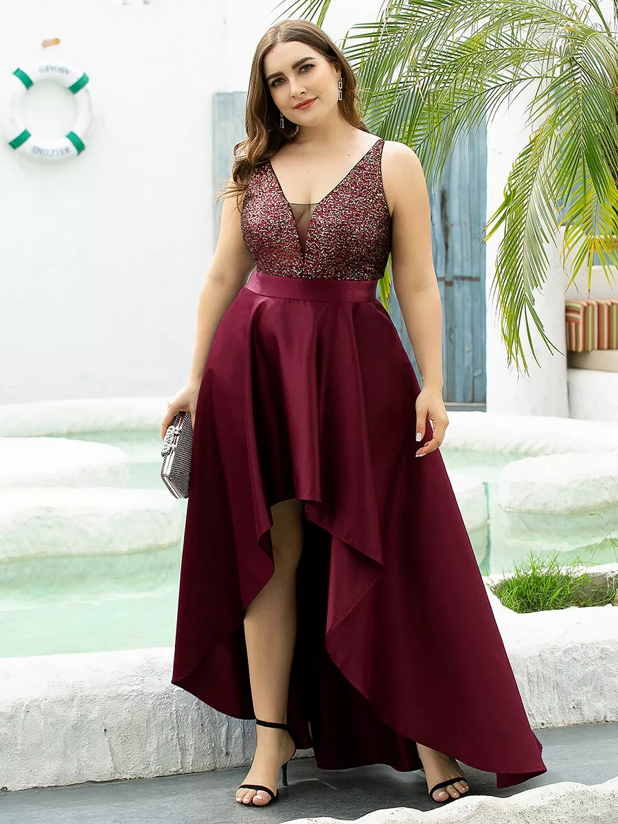 A Line Burgundy V-Neck Chiffon Long Sleeves High Low Prom Dress –  Simibridaldresses