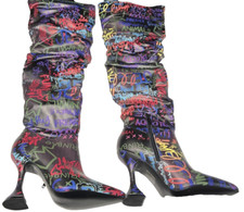 Zenful Black Colorful Graffiti Print Over The Knee Slouch Shaft Boots Sz 7