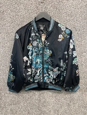 Sans Souci Black Floral Varsity Jacket Full Zip Ribbed Cuffs Women's Size S