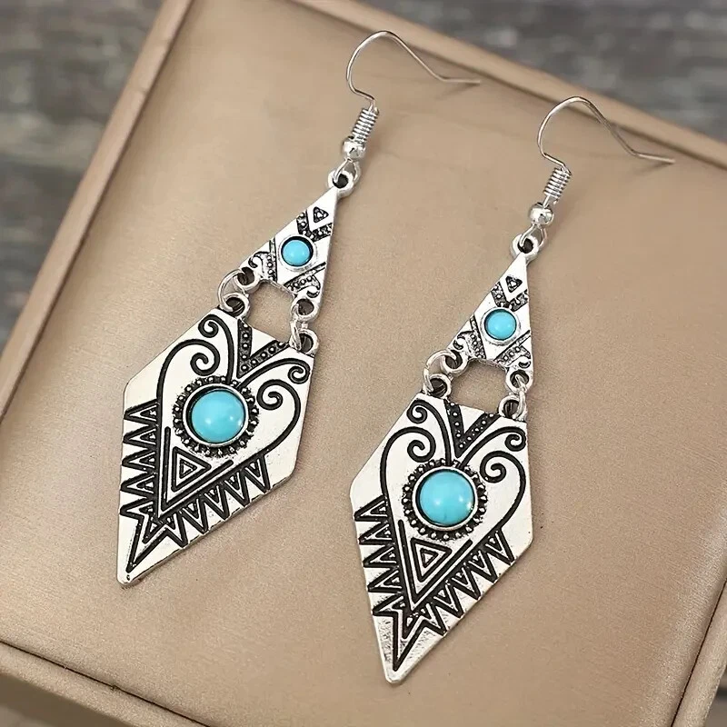 Pendientes Colgantes Tallados Forma Geométrica Turquesa Plateados Retro Bohemios Boho Nuevos Foto 2 de 4