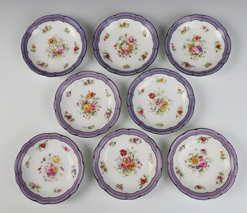 Set 8 Antique Coalport English Porcelain Dessert Berry Bowl Roses Flowers Purple