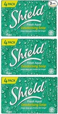 12 BARS OF VEGAN Ⓥ Shield Soap Aqua 12x115g, 3X4 PACK Cruelty Free Plant Based Ⓥ