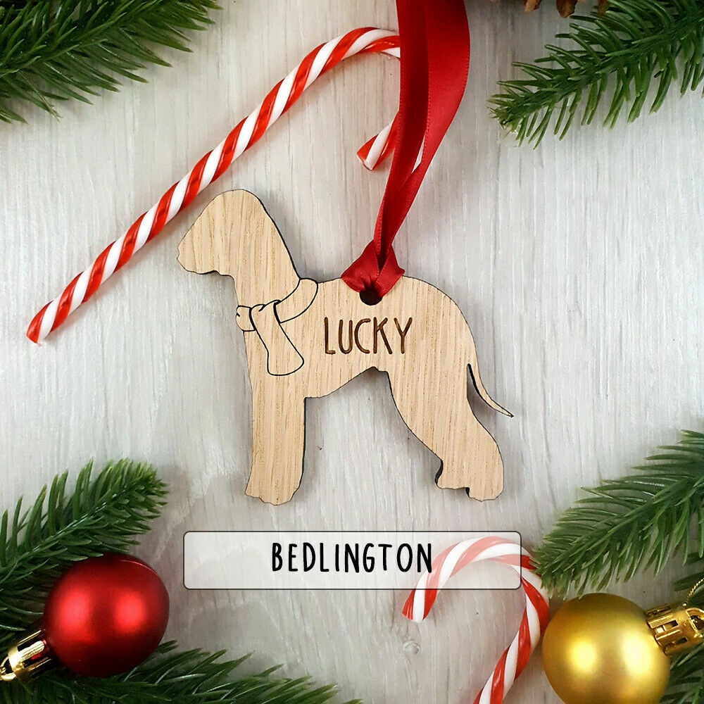 Personalised Dog Wooden Oak Decoration - Christmas Tree gift - Bedlington