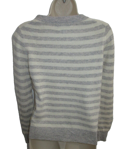 C& C 100% 2-ply Cashmere Gray Cream Striped Crew neck Sweater Size S May fit XS - Picture 2 of 3