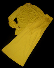 VtG 60s LILLIE RUBIN Yellow Pants Set Rhinestone Shirt Elephant Bell Bottoms M-L