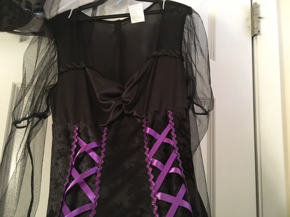 NUEVO DISFRAZ HALLOWEEN BRUJA NEGRO/PÚRPURA ÚNICO PARA MUJER ARO FALDA MALLA SUPERPOSICIONES Foto 2 de 4