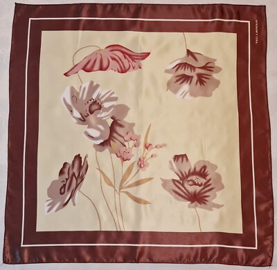 SCARF VINTAGE AUTHENTIC FRANCE TED LAPIDUS FLORAL ART BROWN SATIN 30'' SQUARE