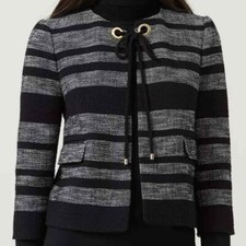 Hobbs Tulisa Cropped Jacket Black Grey Graduated Stripe Rope Grommet Tie US 8