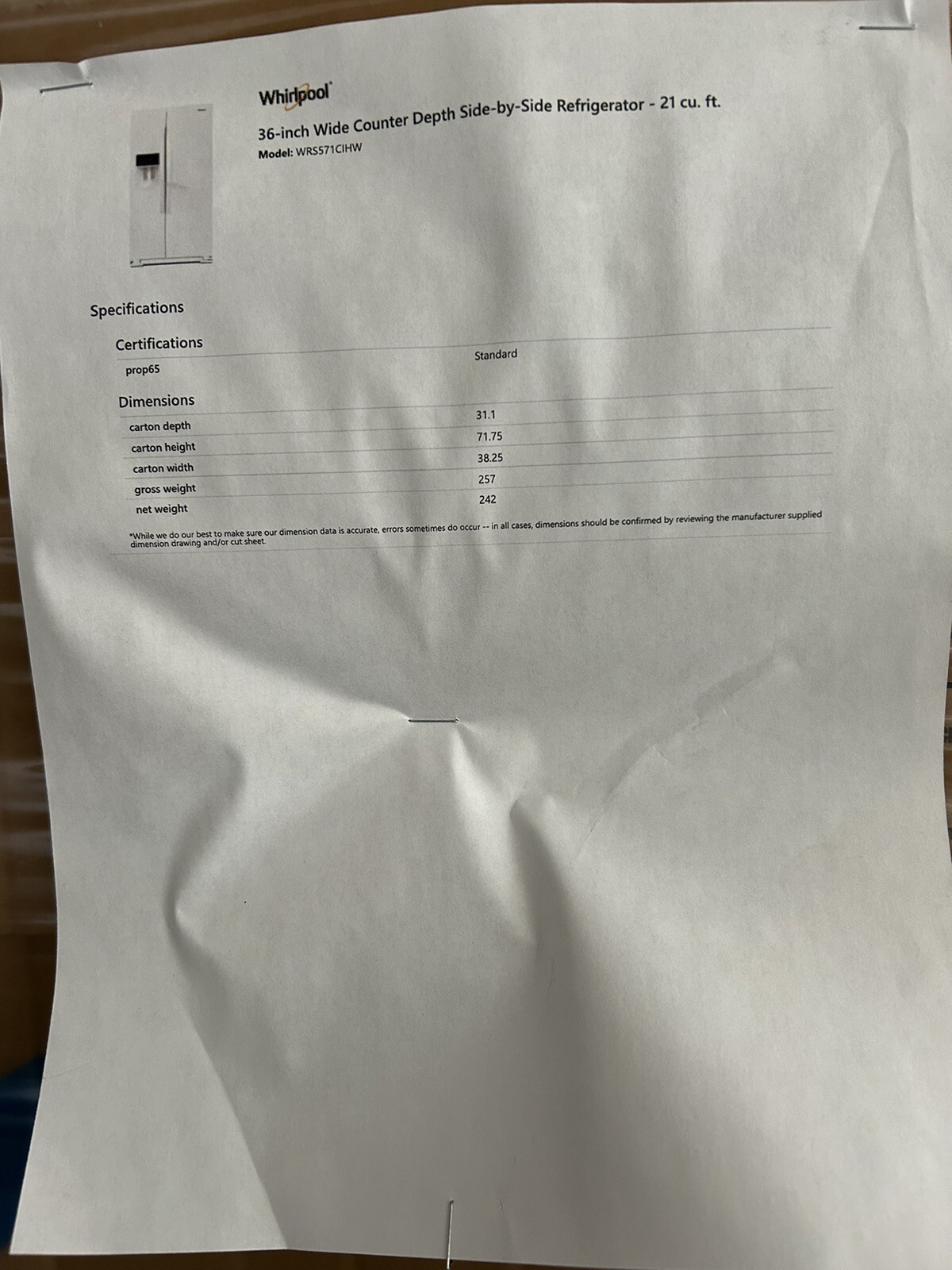 White Whirlpool Refrigerator WRS571CIHW Appliances Superstore