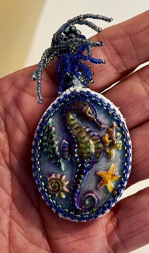 Beaded Spiral Necklace with Hand Painted Seahorse Sealife Beaded Bezel Pendant - Picture 4 of 6