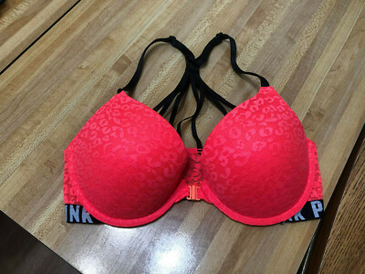 Victoria s Secret PINK 32D Day Glo Orange Lace Strappy Push-Up Bra Front Close