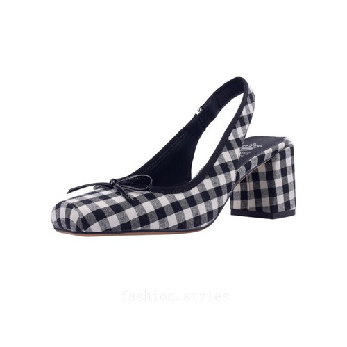 Women's Fashion Checked Square Toe Bowtie Block Heel Slingback Sandal Shoes KKIE - Picture 13 of 27