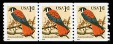 US Scott # 3044, American Kestrel, Strip of (3) 1996 1¢ Coil Stamps, MNH