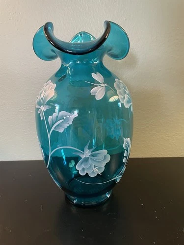 Fenton Turquoise Blue Bill Fenton Memorial Vase 10 Signatures Floral/dragonfly
