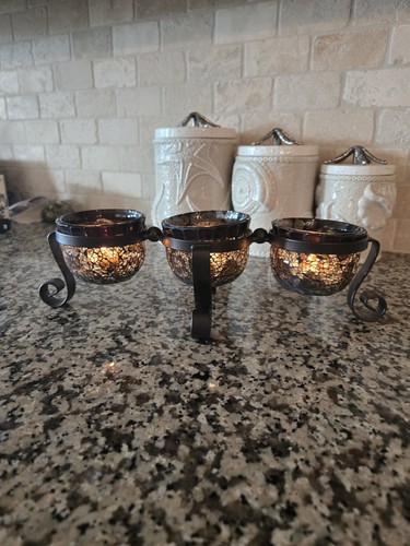 PartyLite Trio Amaretto Swirl Tealight Candle Holder Glass & Dark Brown Metal - Bild 3 von 3