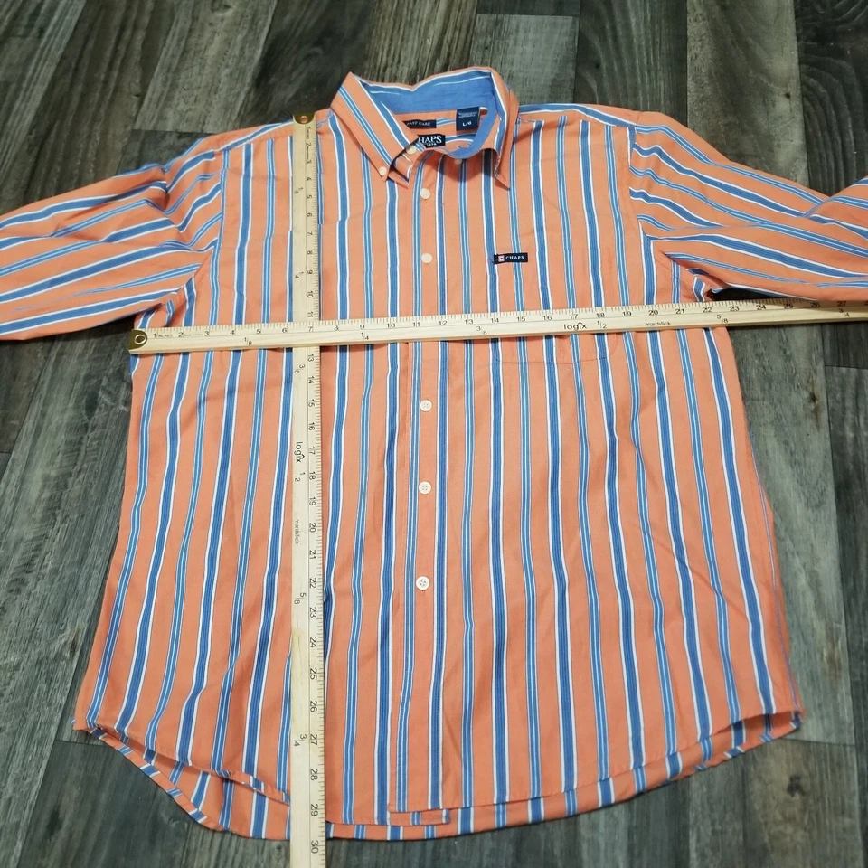 Chaps Button Down Shirt Mens Large Long Sleeve Easy Care Orange/Blue Striped - Image 2 of 4