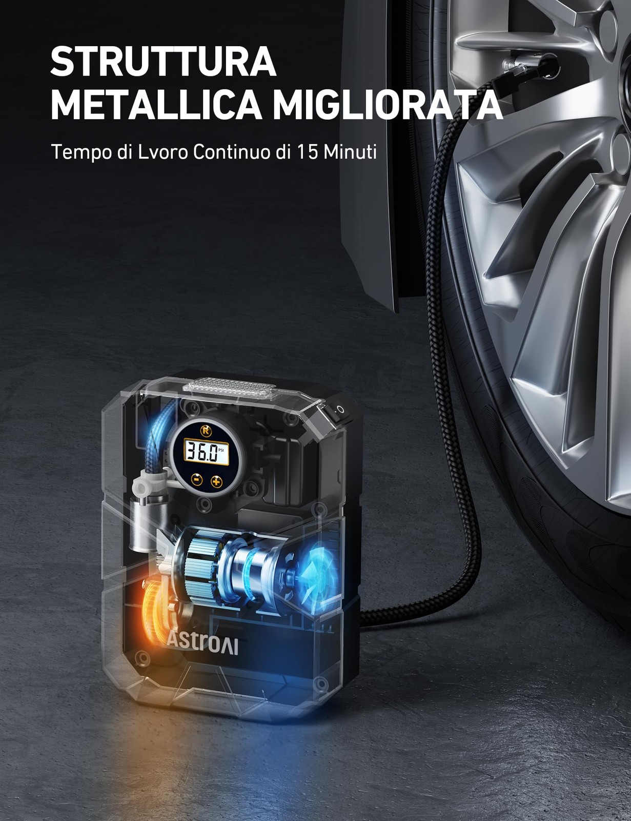 Compressore Aria Portatile 12V Gonfiatore Digitale per Pneumatici Auto S1 150PSI - Miniatura 9