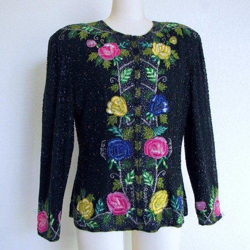 Vintage 80s Night Vogue Flower Beaded Silk Trophy Evening Jacket XL Floral - Picture 1 of 20