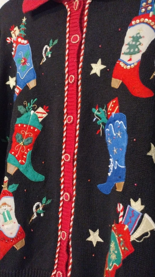 复古 Tiara International 西部乡村牛仔靴针织开衫女式中号 — 第 3/4 张图片