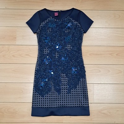 Save the Queen Navy Blue Sequin Fringe Embellished Mesh Party Cocktail Dress SX