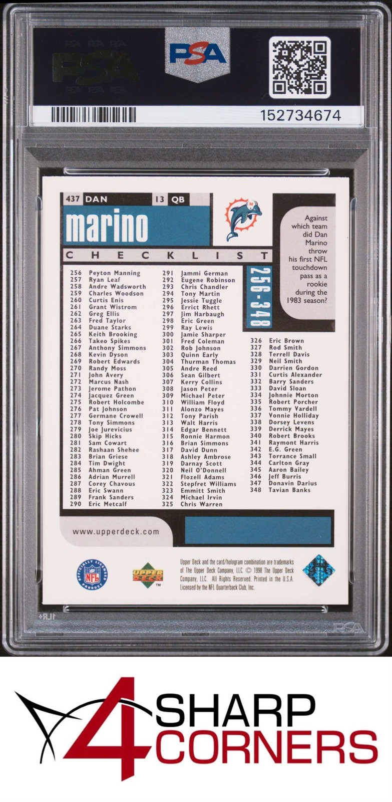 1998 UD CHOICE RESERVE #437 DAN MARINO DOLPHINS #/100 POP 2 PSA 8 view 2