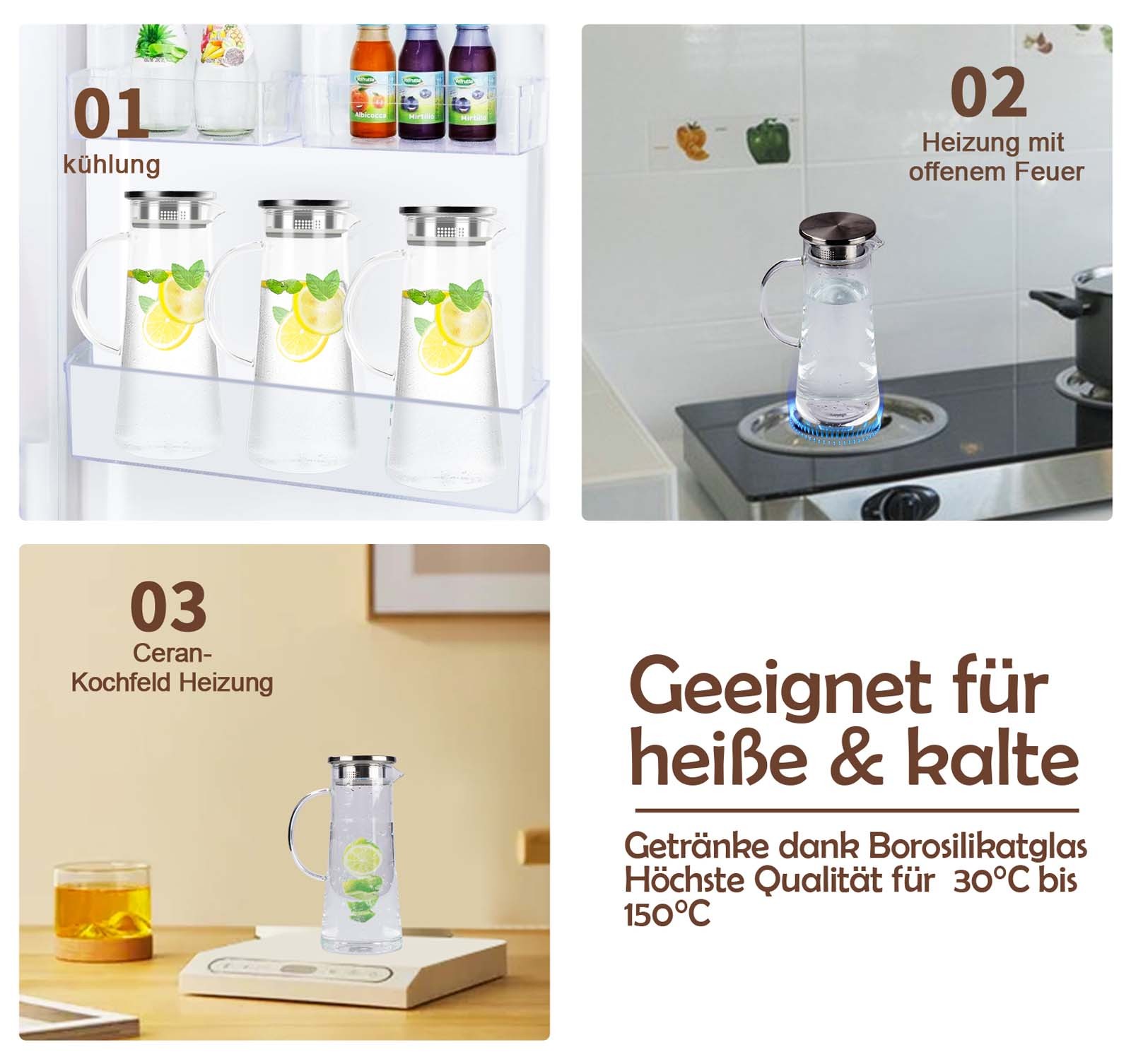 1,5L Wasserkaraffe Wasserkrug mit Deckel Filter Wasser Karaffe Glas Glaskaraffe