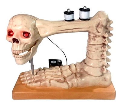 New Halloween Animated LED Skeleton TALKING Skull Sewing Machine NWT
