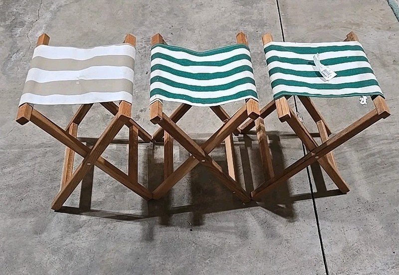 Vintage Wood & Canvas Folding Camping Fishing Chairs Stools Set Of 3