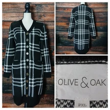 Olive & Oak Sweater Dress XL Petite Duster Cardigan Black White Plaid Fuzzy Knit