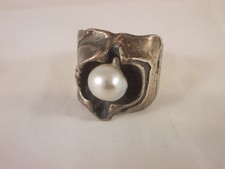 Burkhard & Monika OLY Ring m. Perle 835 Silber Gr. 58 Modernist Brutalist Design