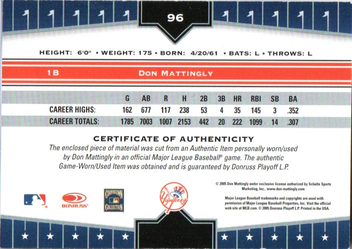 2005 Donruss Champions Don Mattingly Game Used Item - Image 2 of 2