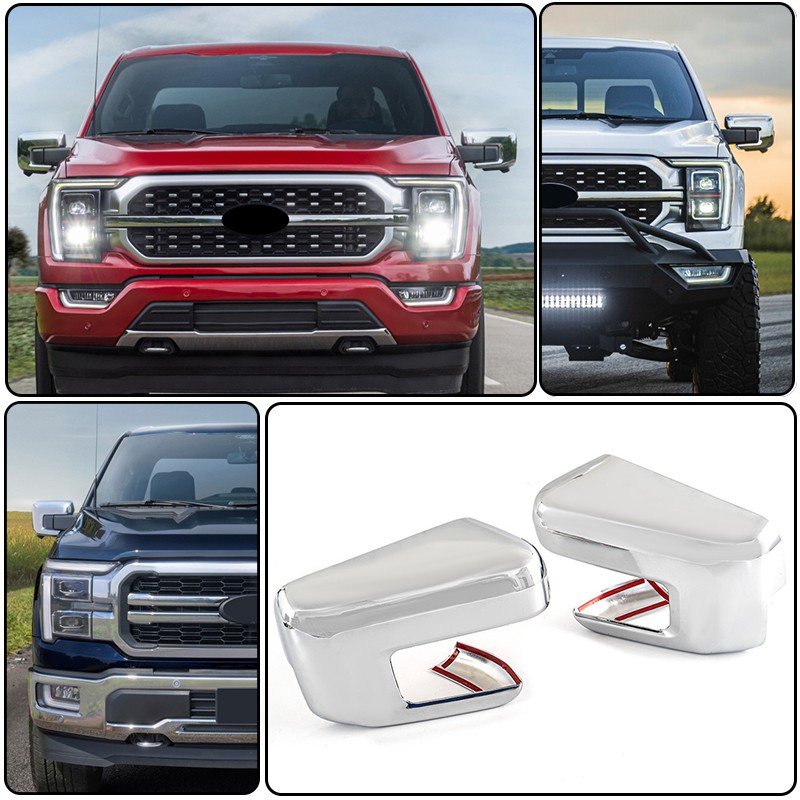2X Side Mirror Covers Overlay With Turn Signal For 2021+ Ford F150 F-150 Chrome