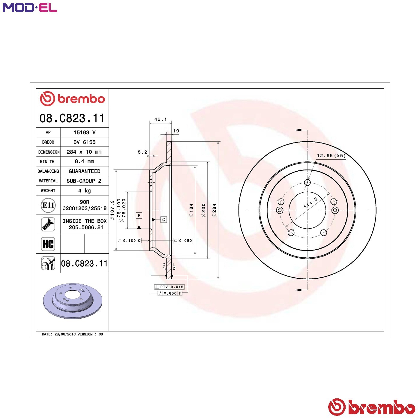 08.C823.11 Brake Disc x2 Rear PRIME LINE - UV Solid Fits Kia Carens 4 By Brembo - Image 9