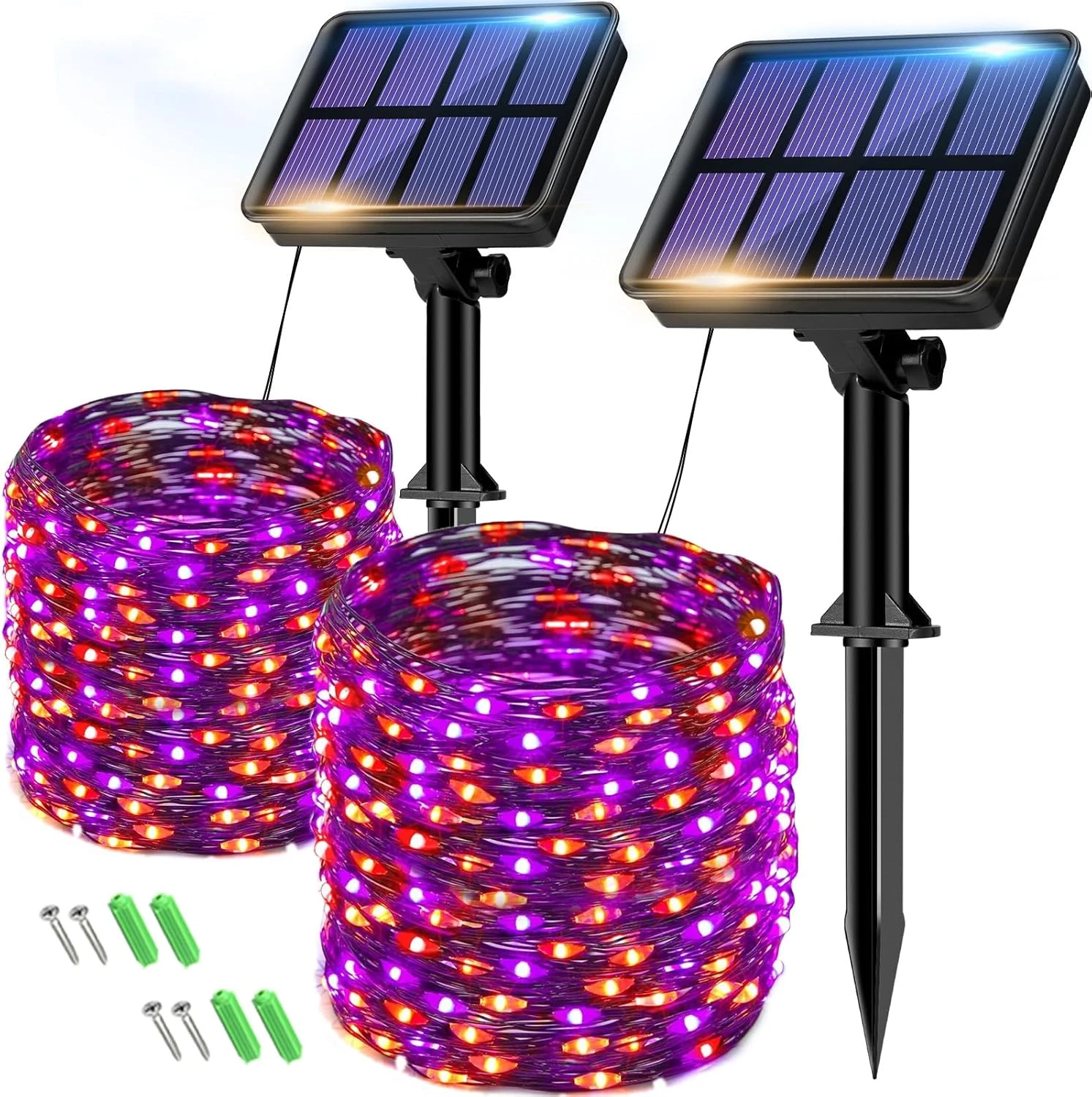 2 Pack Solar Halloween String Lights Outdoor, Orange Purple 160LED 66FT Solar Fa