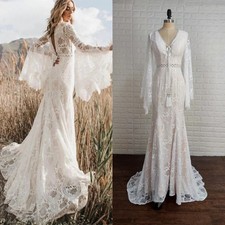 Flare Sleeves Boho Wedding Dress Long Bell Sleeve Backless Cut Out Bridal Gown