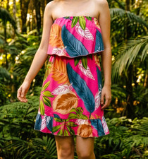 Shein Jr. M Holiday Tropical Print Ruffle Hem Strapless Tube Dress Casual Boho