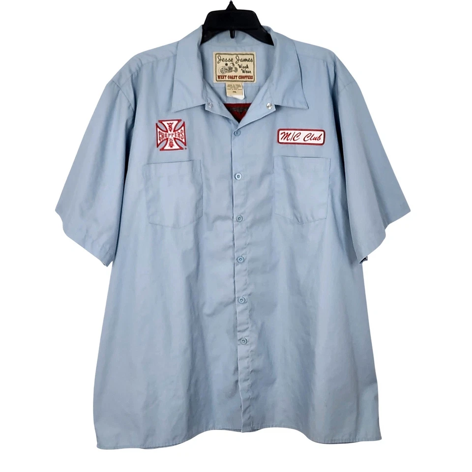 Camisa abotonada vintage West Coast Choppers Jesse James Work Wear para hombre 2XL azul Foto 2 de 4